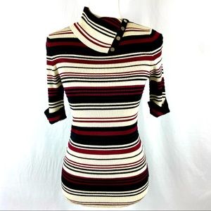 WHBM White Black Maroon Gold Stripe 3/4 Sleeve Stretchy Sweater With Sparkle